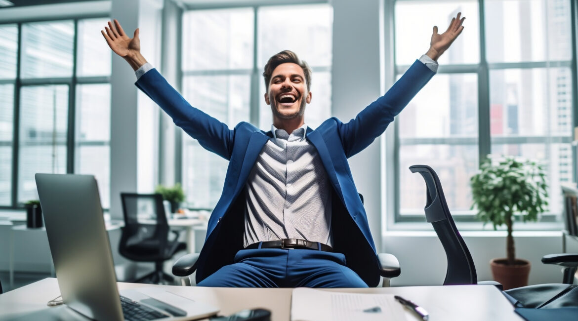 Career satisfaction, happy business man celebrating at his desk